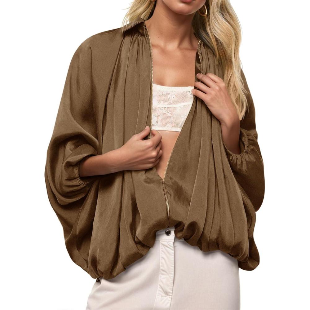 imageTankaneo Womens Bomber Jackets Oversized Batwing Sleeve Zip Up Puffed Jacket Lapel Collar Pleated OuterwearBrown