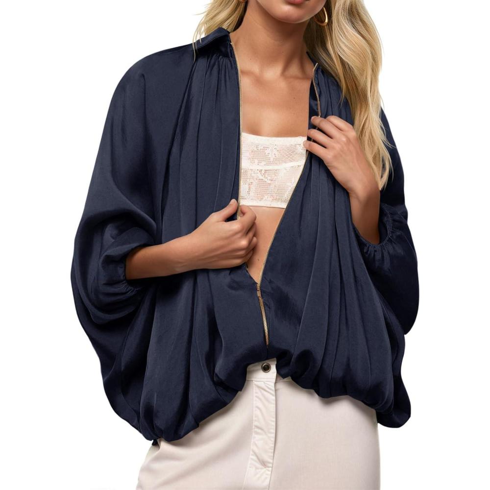 imageTankaneo Womens Bomber Jackets Oversized Batwing Sleeve Zip Up Puffed Jacket Lapel Collar Pleated OuterwearNavy