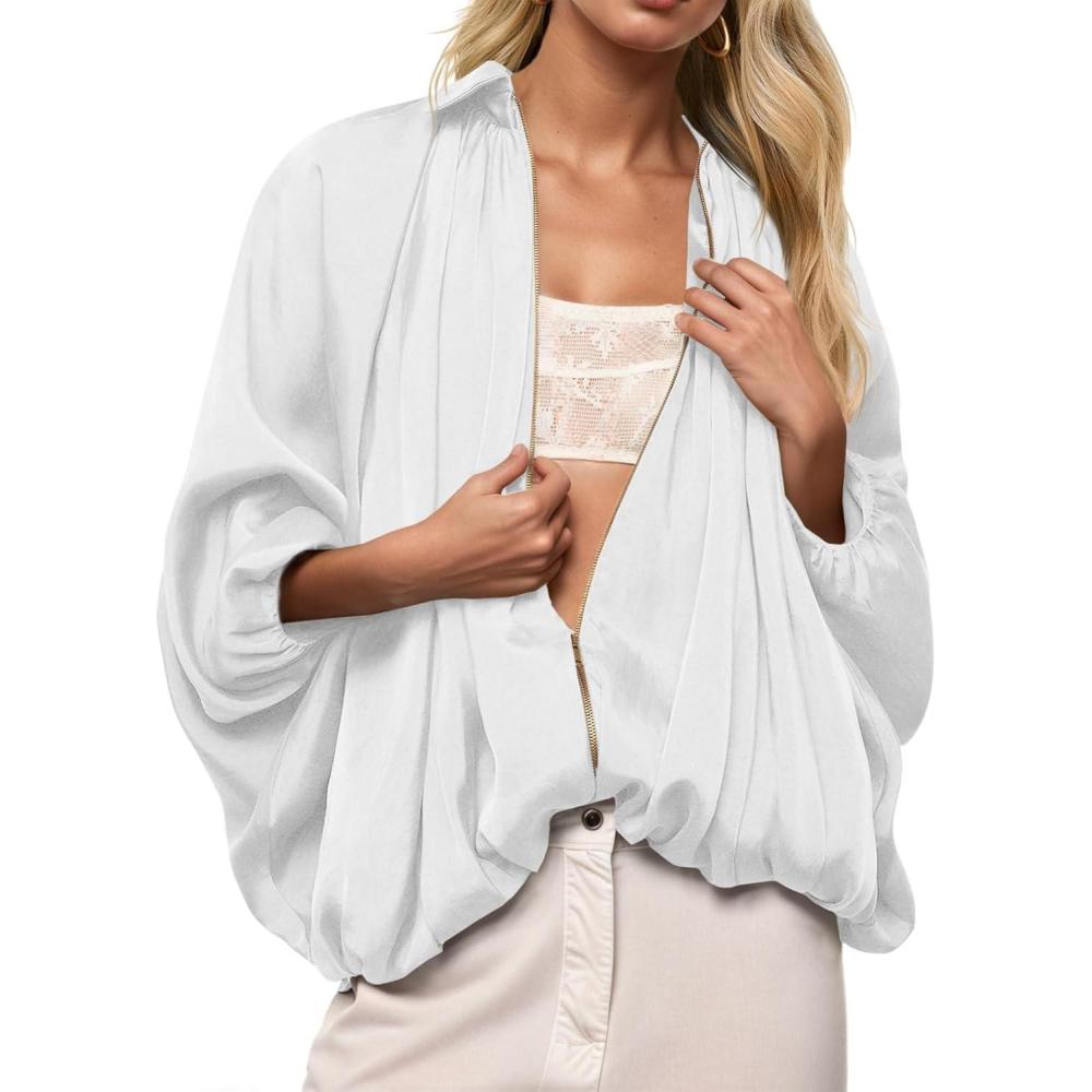 imageTankaneo Womens Bomber Jackets Oversized Batwing Sleeve Zip Up Puffed Jacket Lapel Collar Pleated OuterwearWhite