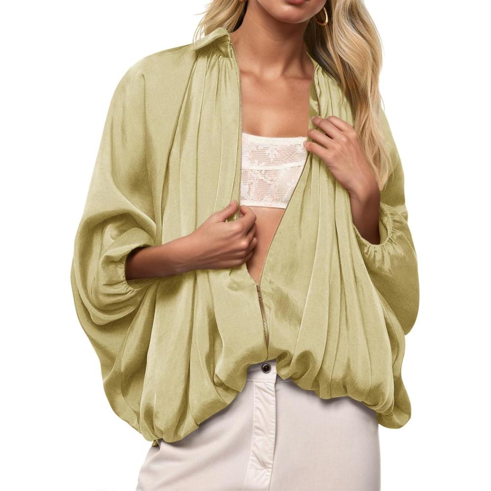 imageTankaneo Womens Bomber Jackets Oversized Batwing Sleeve Zip Up Puffed Jacket Lapel Collar Pleated OuterwearYellow