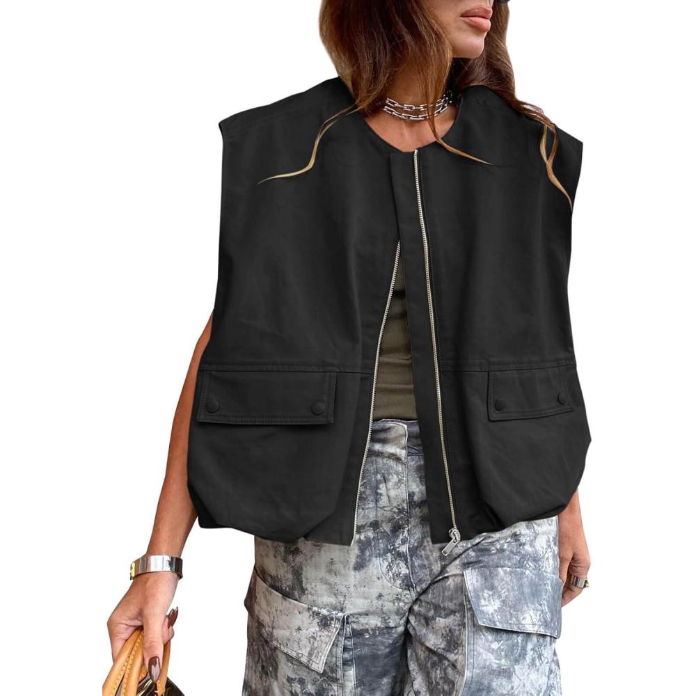imageTankaneo Womens Casual Zip Up Vest Cargo Oversized Ruched Hem Sleeveless Blazer Jackets TopsBlack