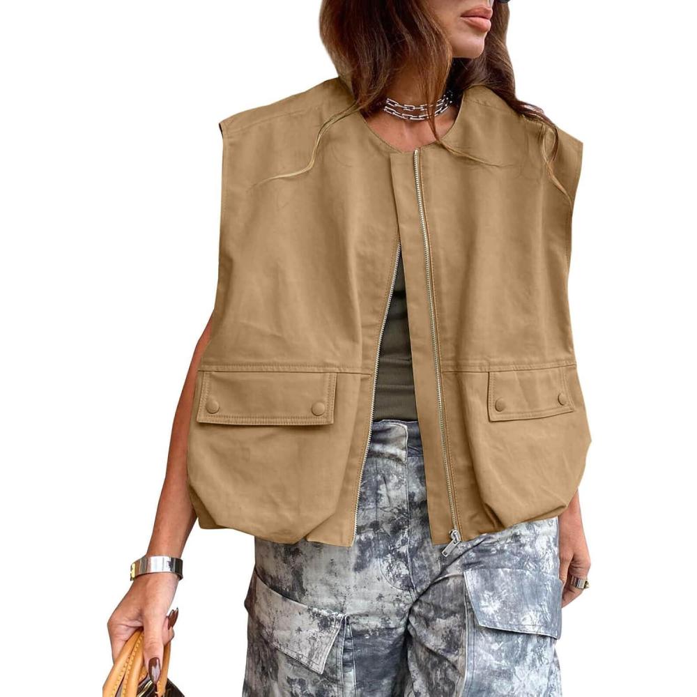 imageTankaneo Womens Casual Zip Up Vest Cargo Oversized Ruched Hem Sleeveless Blazer Jackets TopsBrown