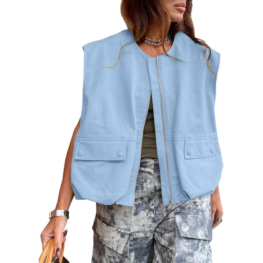 imageTankaneo Womens Casual Zip Up Vest Cargo Oversized Ruched Hem Sleeveless Blazer Jackets TopsLight Blue