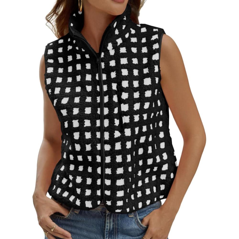 imageTankaneo Womens Checkered Sherpa Vest Fleece Fuzzy Zip Up Sleeveless Jacket Casual 2025 Winter Warm OutwearBlack