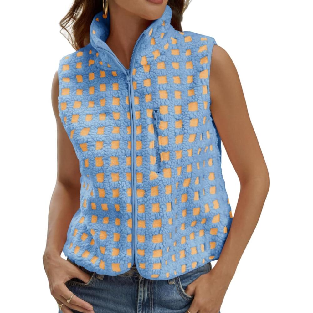 imageTankaneo Womens Checkered Sherpa Vest Fleece Fuzzy Zip Up Sleeveless Jacket Casual 2025 Winter Warm OutwearBlue