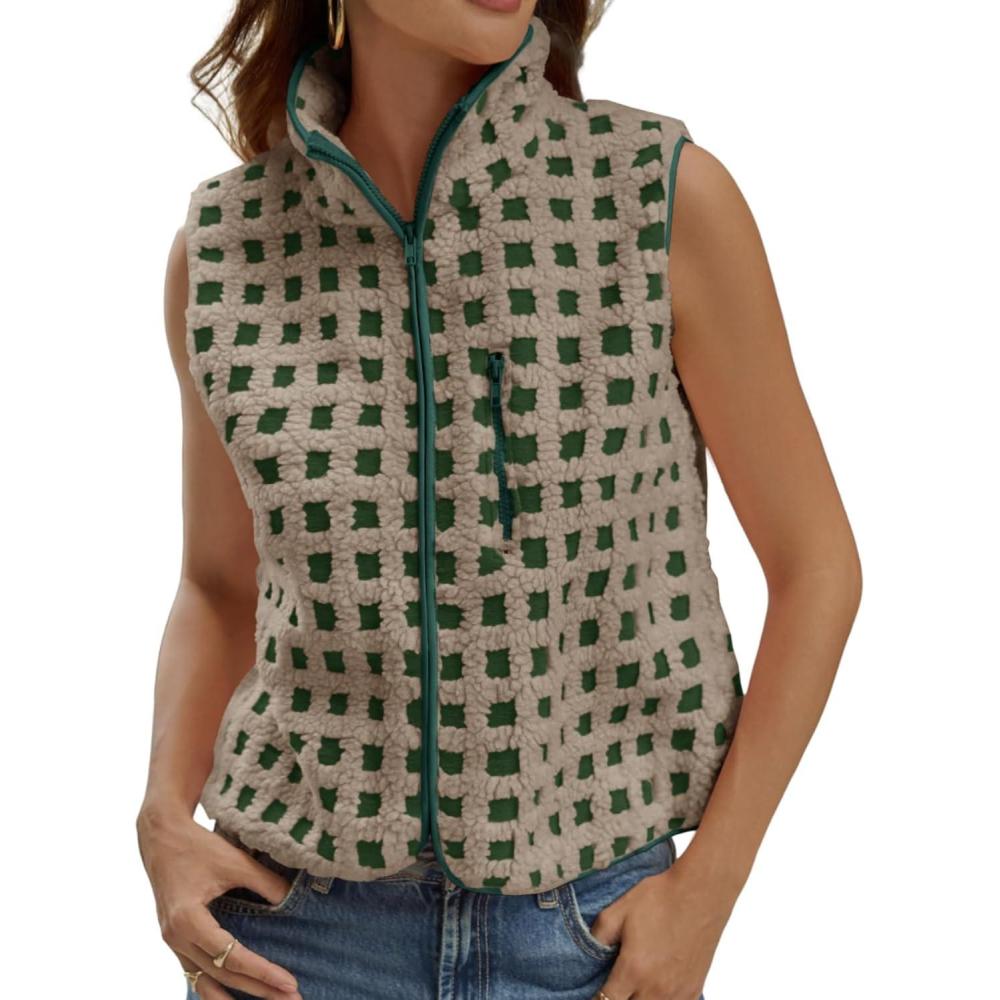 imageTankaneo Womens Checkered Sherpa Vest Fleece Fuzzy Zip Up Sleeveless Jacket Casual 2025 Winter Warm OutwearGreen
