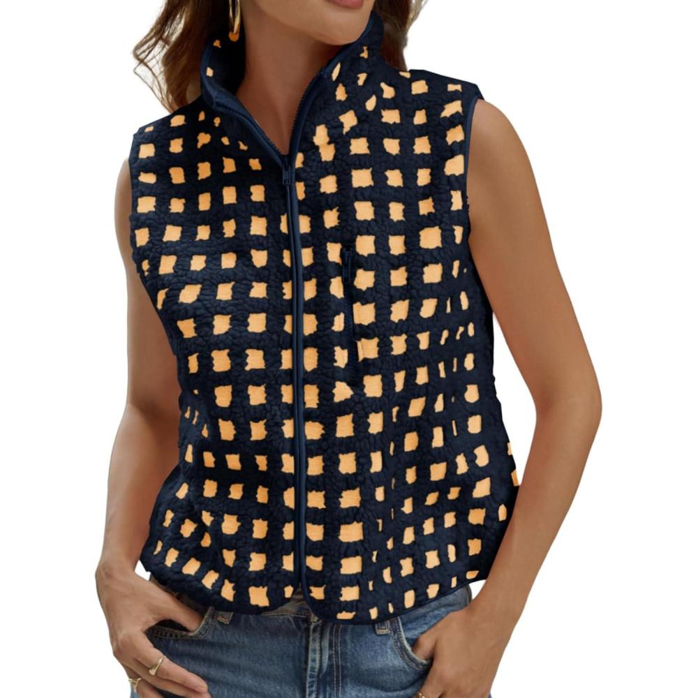 imageTankaneo Womens Checkered Sherpa Vest Fleece Fuzzy Zip Up Sleeveless Jacket Casual 2025 Winter Warm OutwearNavy