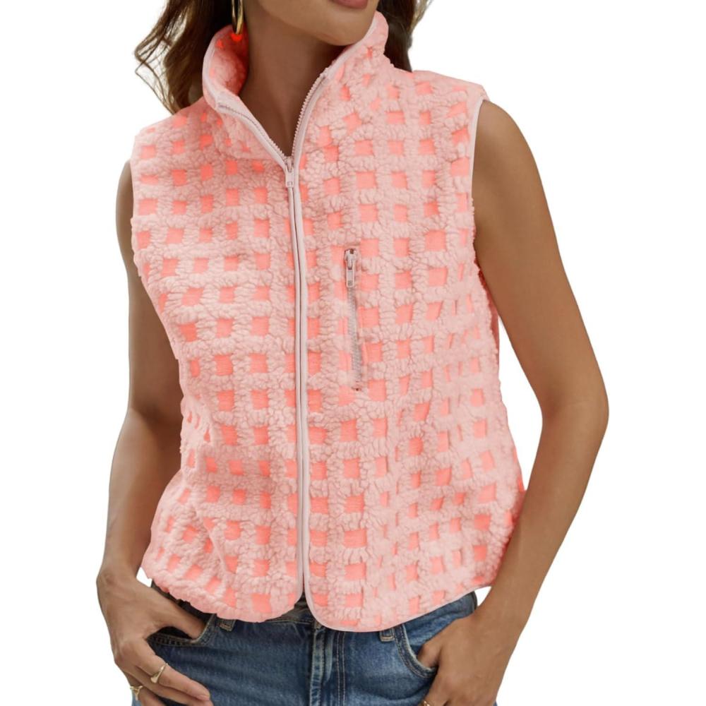 imageTankaneo Womens Checkered Sherpa Vest Fleece Fuzzy Zip Up Sleeveless Jacket Casual 2025 Winter Warm OutwearPink