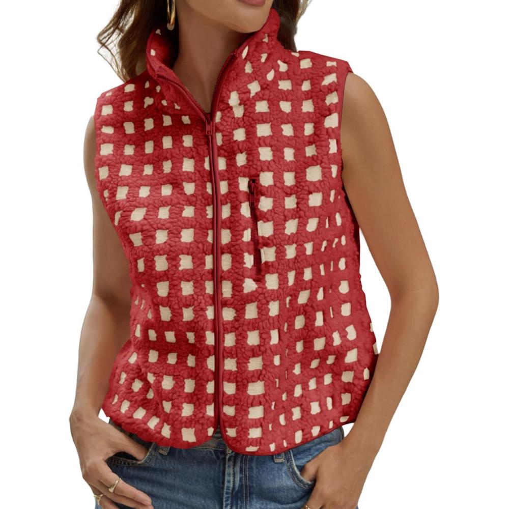 imageTankaneo Womens Checkered Sherpa Vest Fleece Fuzzy Zip Up Sleeveless Jacket Casual 2025 Winter Warm OutwearRed