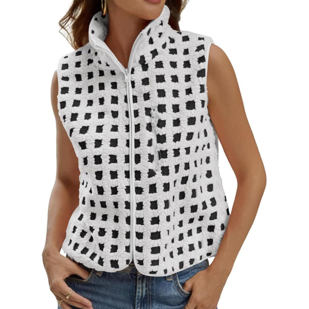 imageTankaneo Womens Checkered Sherpa Vest Fleece Fuzzy Zip Up Sleeveless Jacket Casual 2025 Winter Warm OutwearWhite