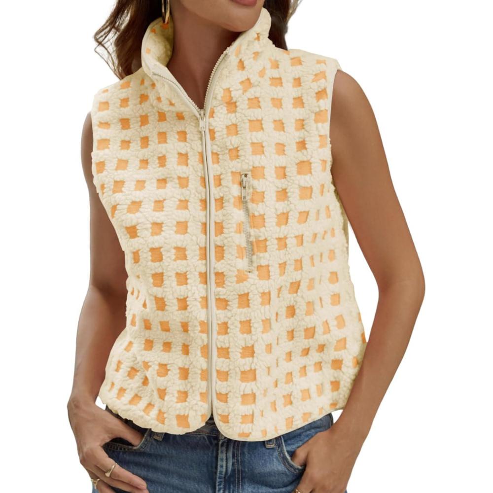 imageTankaneo Womens Checkered Sherpa Vest Fleece Fuzzy Zip Up Sleeveless Jacket Casual 2025 Winter Warm OutwearYellow