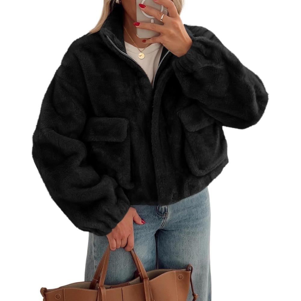 imageTankaneo Womens Cropped Faux Fur Coat Fleece Stand Collar Zip Up Jacket 2025 Winter Warm OuterwearBlack