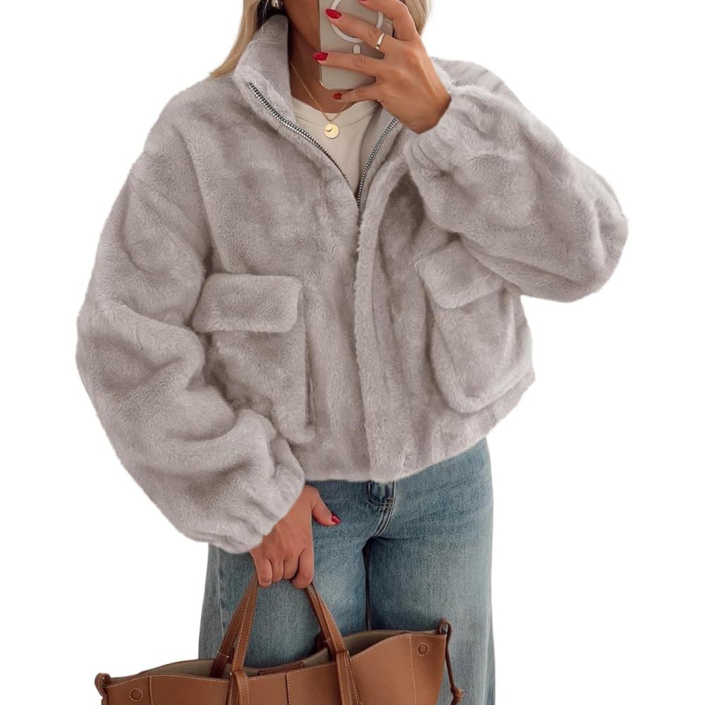 imageTankaneo Womens Cropped Faux Fur Coat Fleece Stand Collar Zip Up Jacket 2025 Winter Warm OuterwearKhaki