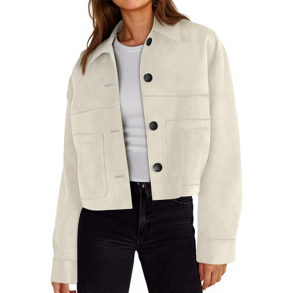 imageTankaneo Womens Cropped Faux Suede Jackets Lapel Collar Button Down Short Coats Fall Winter Vintage Trendy ShacketsBeige