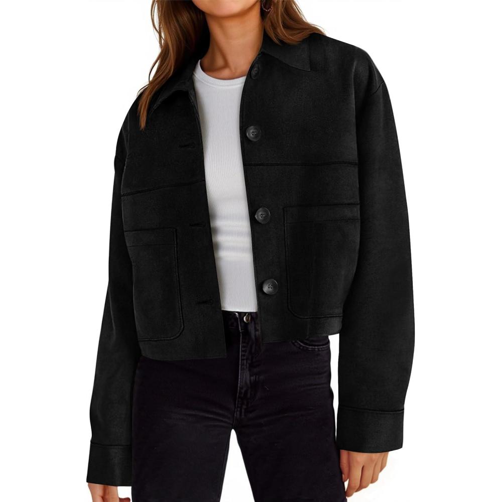 imageTankaneo Womens Cropped Faux Suede Jackets Lapel Collar Button Down Short Coats Fall Winter Vintage Trendy ShacketsBlack