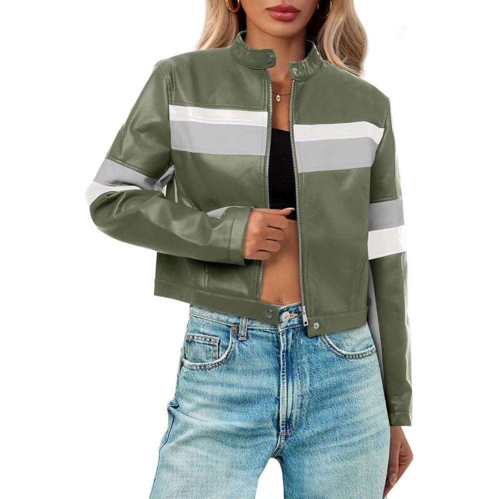 imageTankaneo Womens Cropped Moto Biker Jackets Faux Leather Bomber Jacket Color Block Vintage Racing CoatsArmy Green