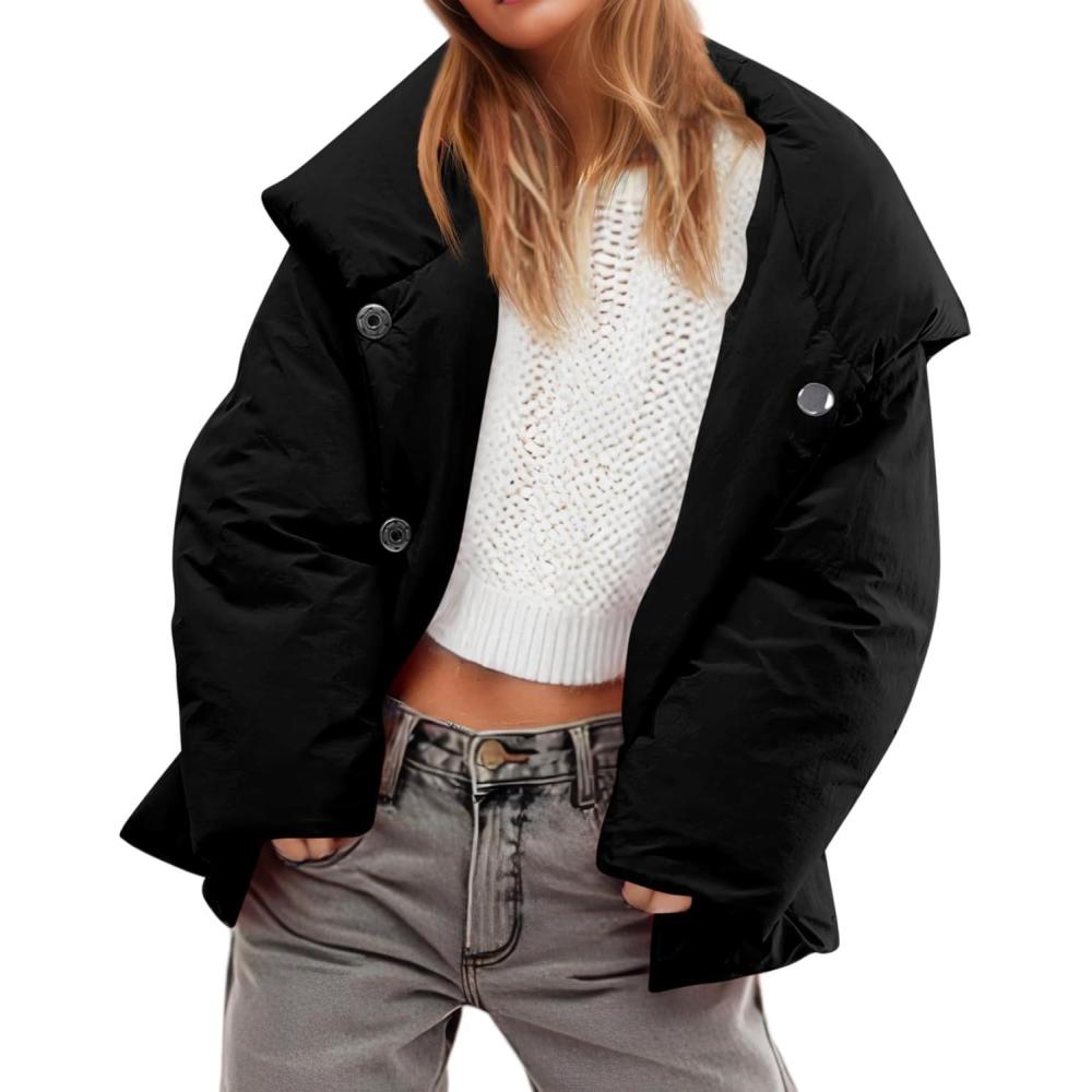 imageTankaneo Womens Cropped Puffer Coat Hoodies Oversized Lightweight Winter Jacket Warm Long Sleeve OuterwearBlack