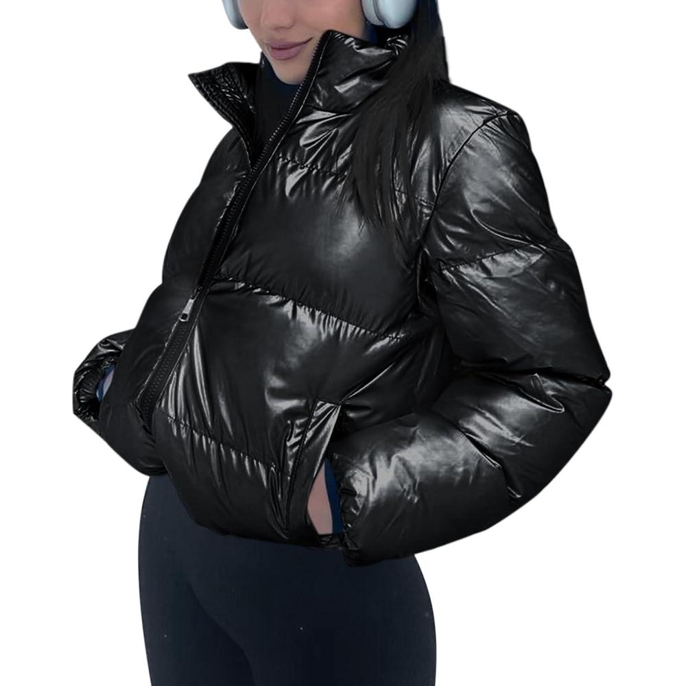 imageTankaneo Womens Cropped Shiny Puffer Jacket Lightweight Quilted Stand Collar Winter Warm Down CoatBlack