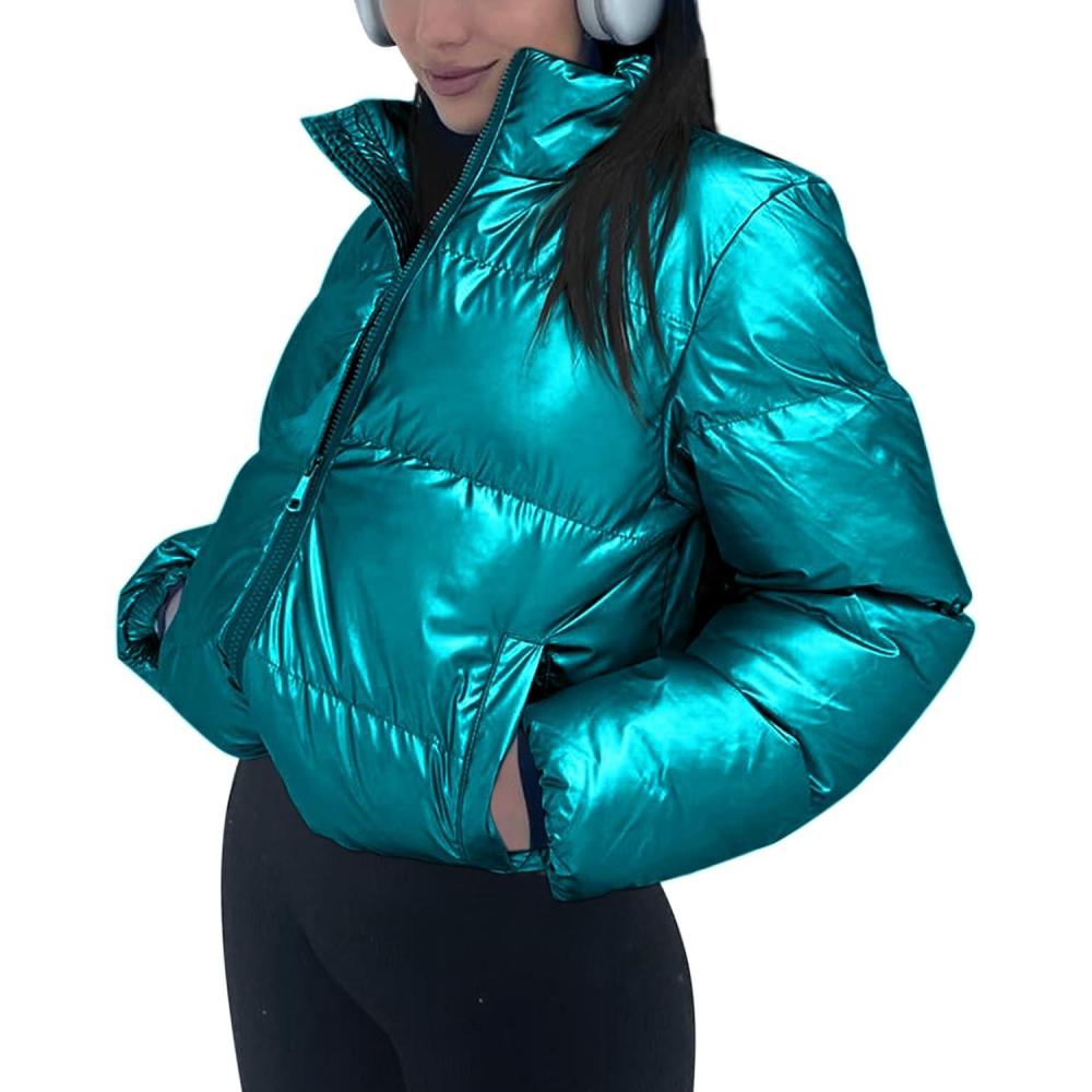 imageTankaneo Womens Cropped Shiny Puffer Jacket Lightweight Quilted Stand Collar Winter Warm Down CoatBluegreen