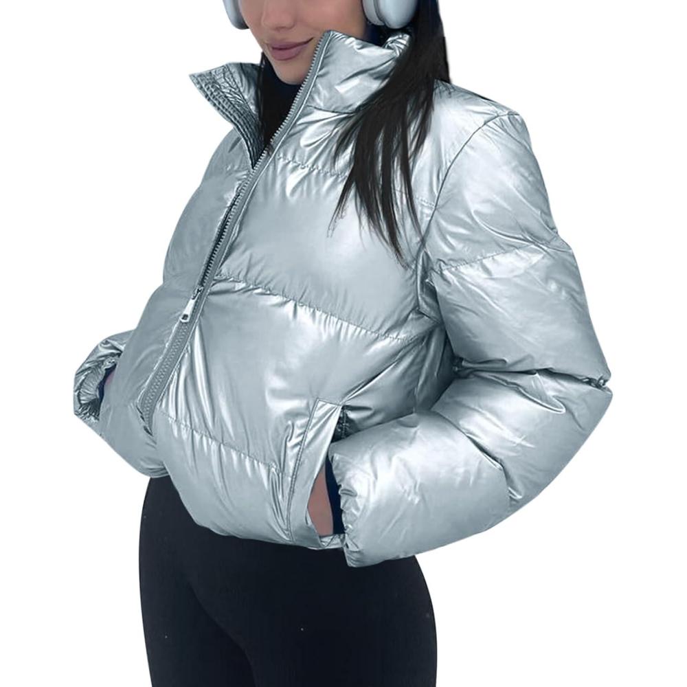 imageTankaneo Womens Cropped Shiny Puffer Jacket Lightweight Quilted Stand Collar Winter Warm Down CoatSilver