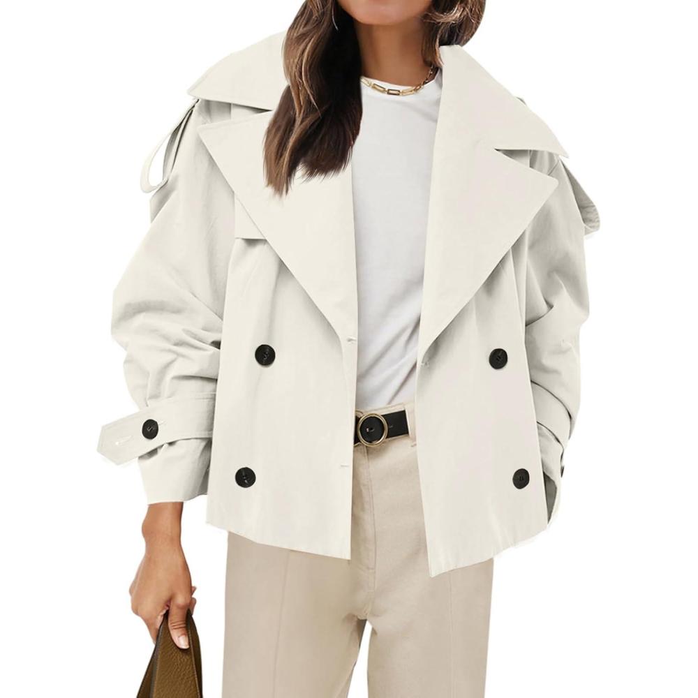 imageTankaneo Womens Cropped Trench Coat Casual Double Breasted Short Jacket Fall Fashion Outerwear with BeltBeige