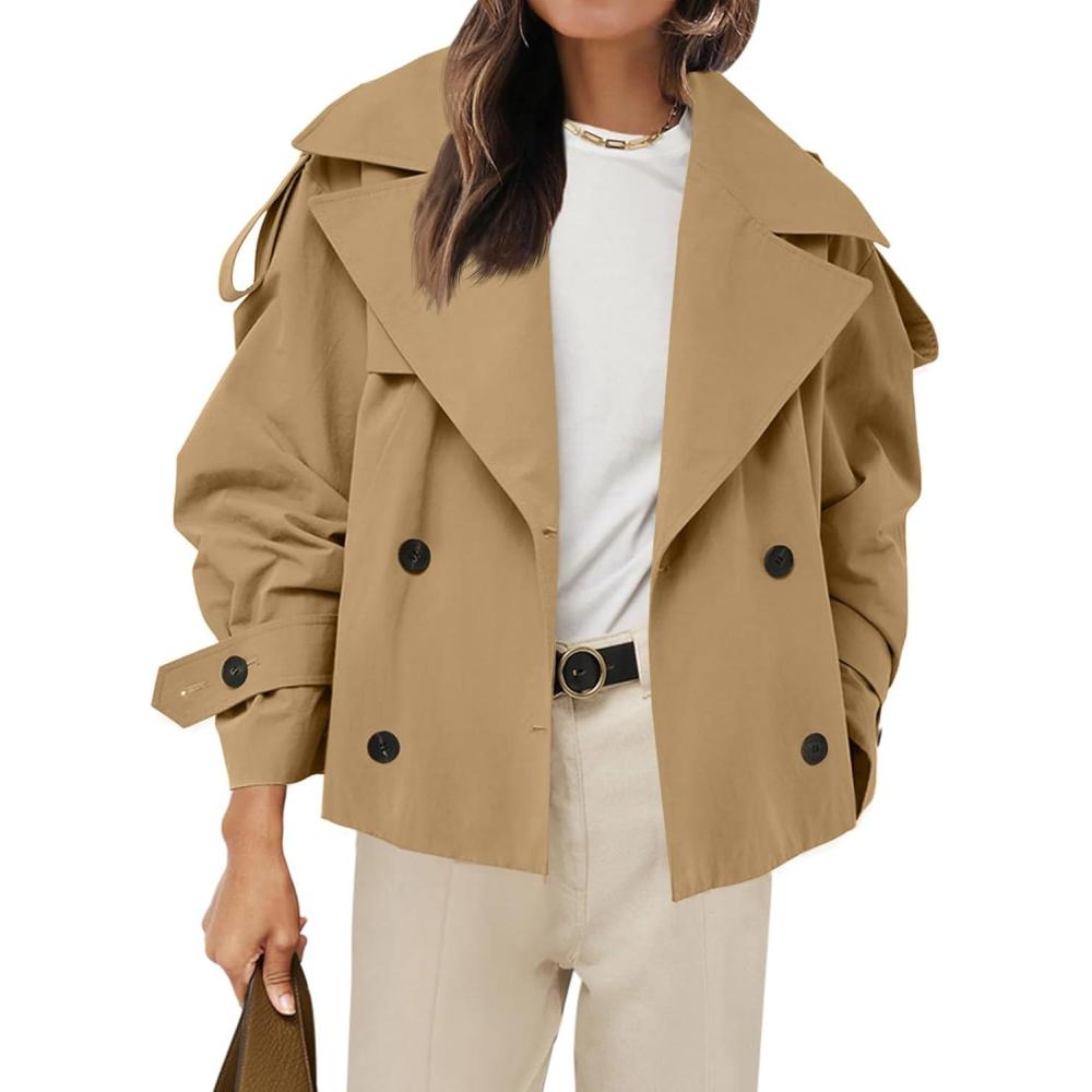 imageTankaneo Womens Cropped Trench Coat Casual Double Breasted Short Jacket Fall Fashion Outerwear with BeltKhaki