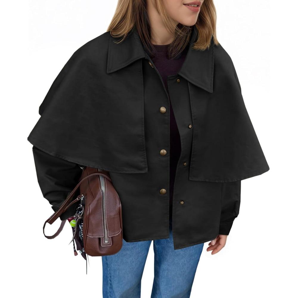 imageTankaneo Womens Cropped Trench Coat Casual Lapel Single Breasted Cape Sleeve Short Jacket 2025 Fall Fashion OuterwearBlack