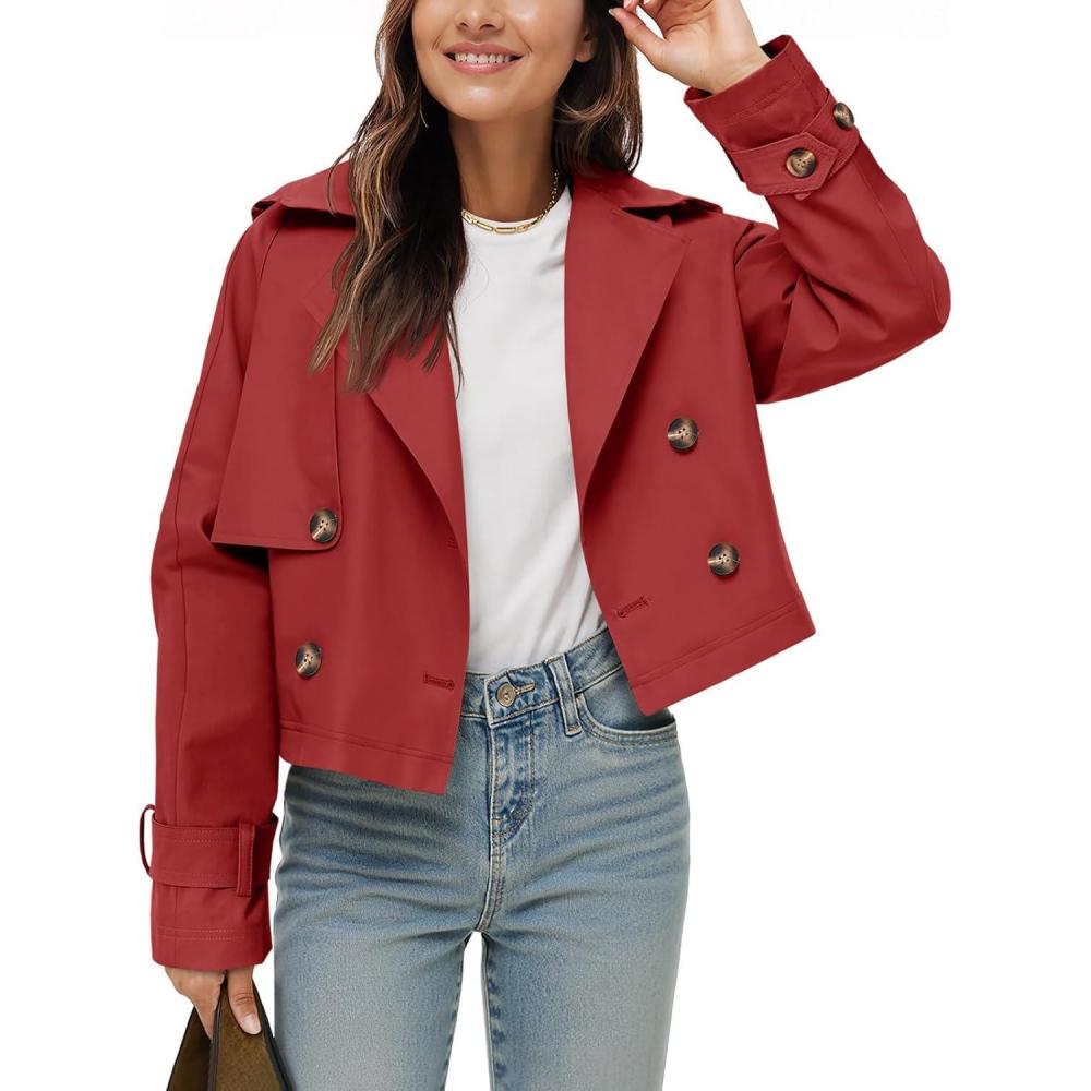 imageTankaneo Womens Cropped Trench Coat Lapel Double Breasted Short Jacket OutwearRed