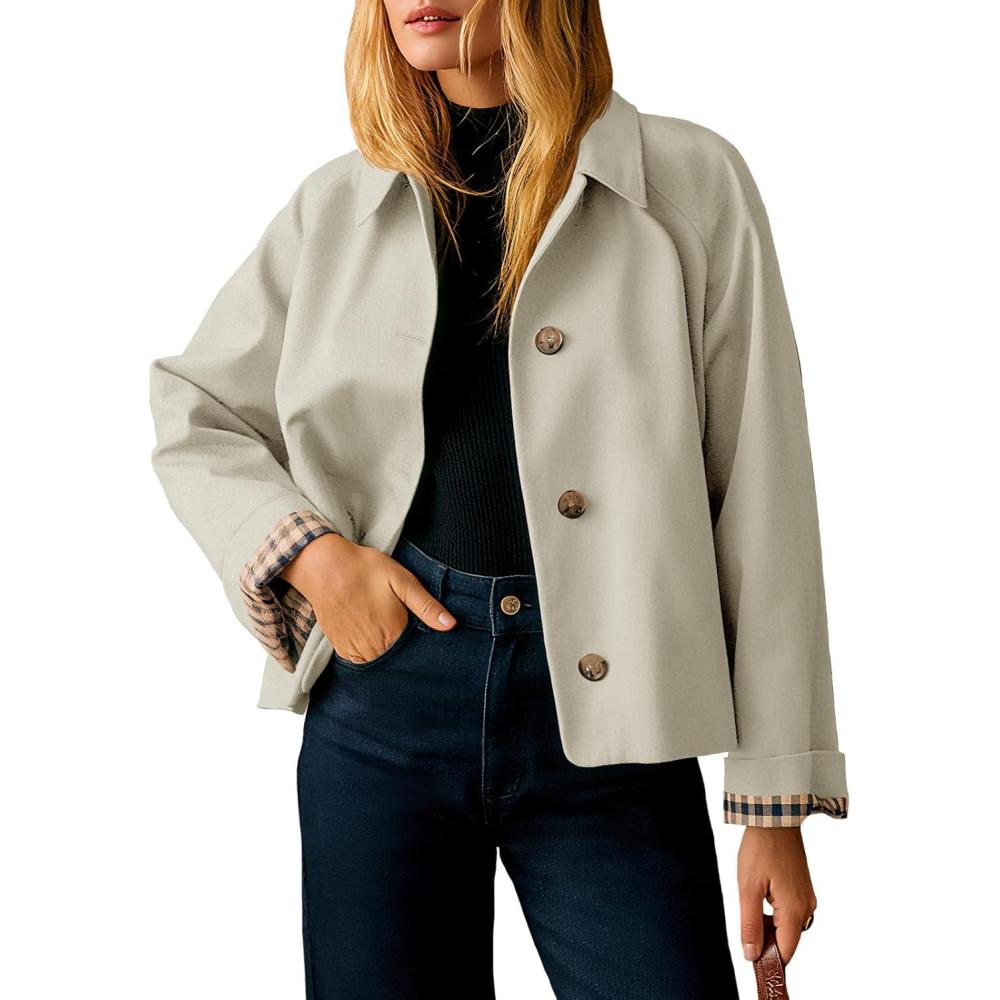 imageTankaneo Womens Cropped Trench Coat Lightweight Single Breasted Jacket Fall Windbreaker Fashion OuterwearKhaki