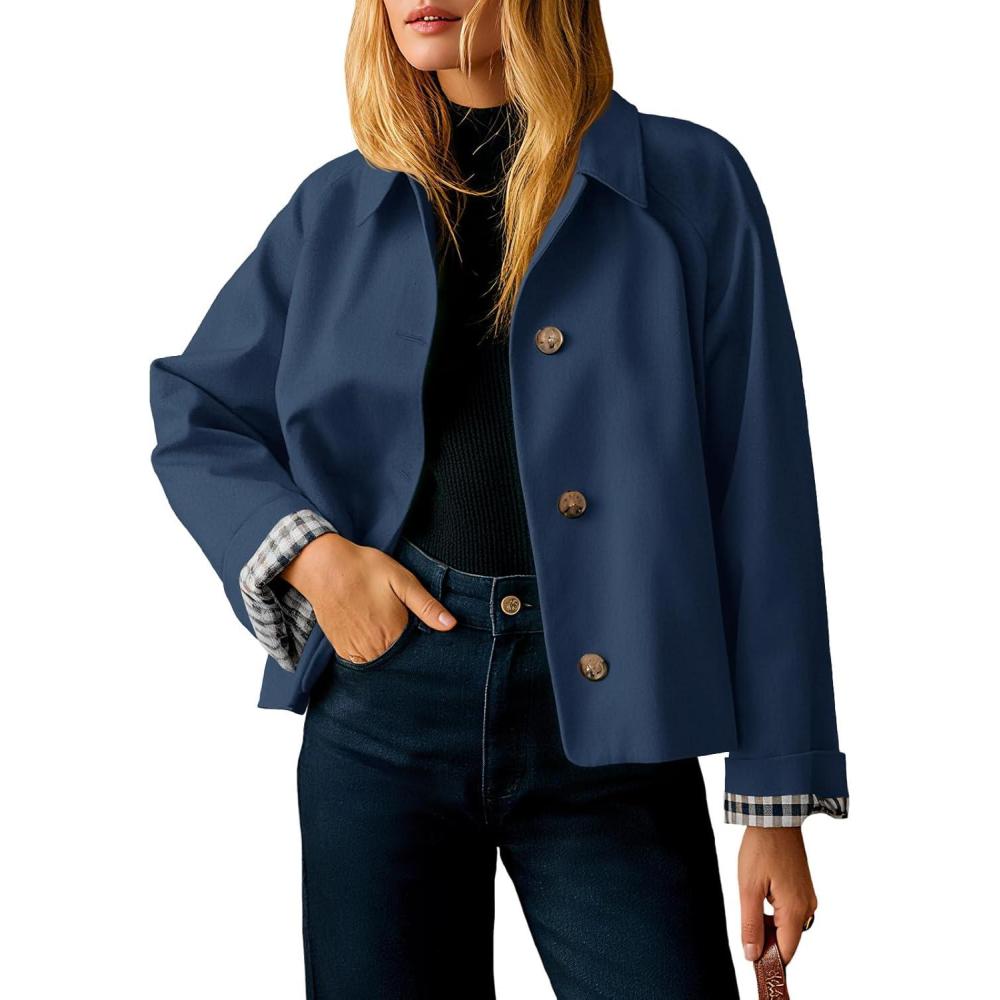 imageTankaneo Womens Cropped Trench Coat Lightweight Single Breasted Jacket Fall Windbreaker Fashion OuterwearNavy