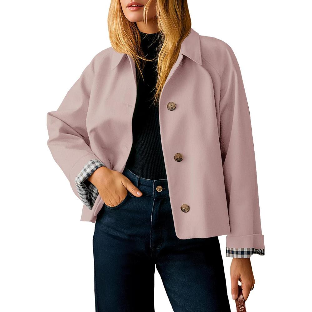 imageTankaneo Womens Cropped Trench Coat Lightweight Single Breasted Jacket Fall Windbreaker Fashion OuterwearPink