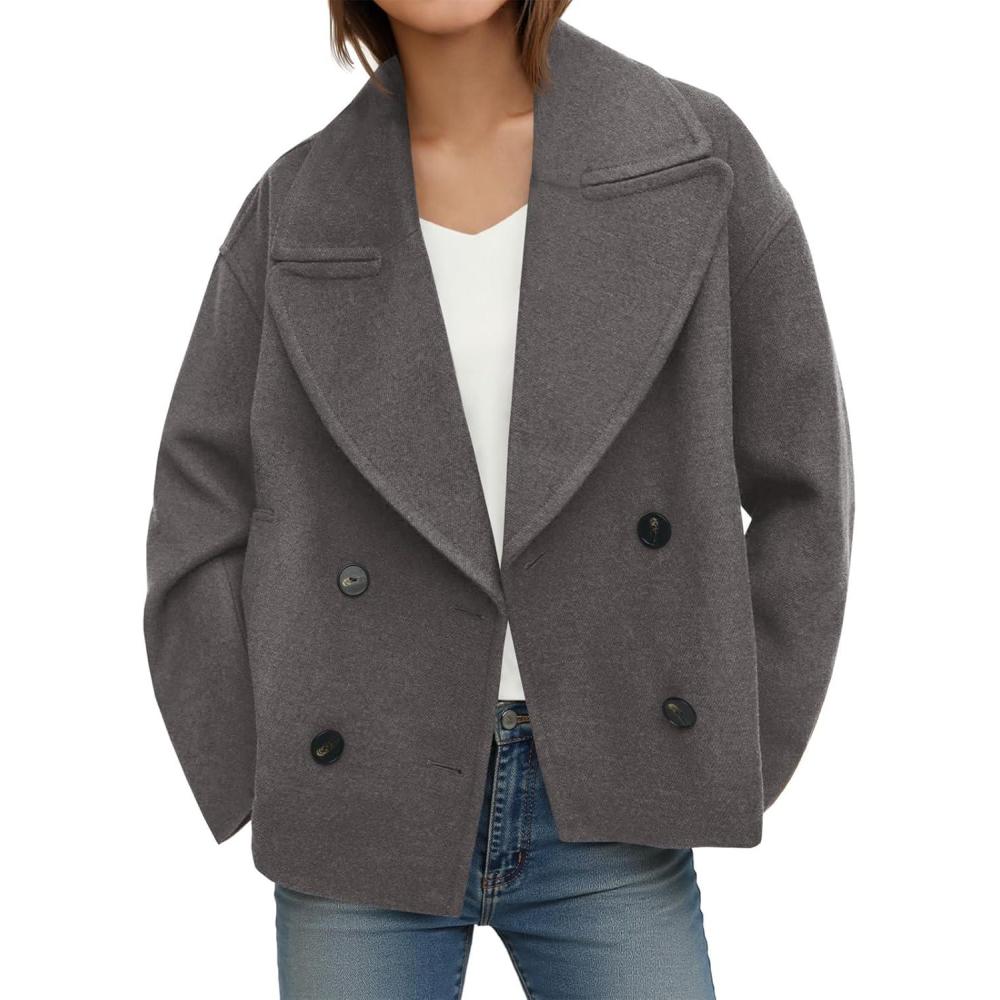 imageTankaneo Womens Cropped Wool Blend Pea Coat Casual Long Sleeve Double Breasted Notched Lapel Overcoat JacketsDark Grey