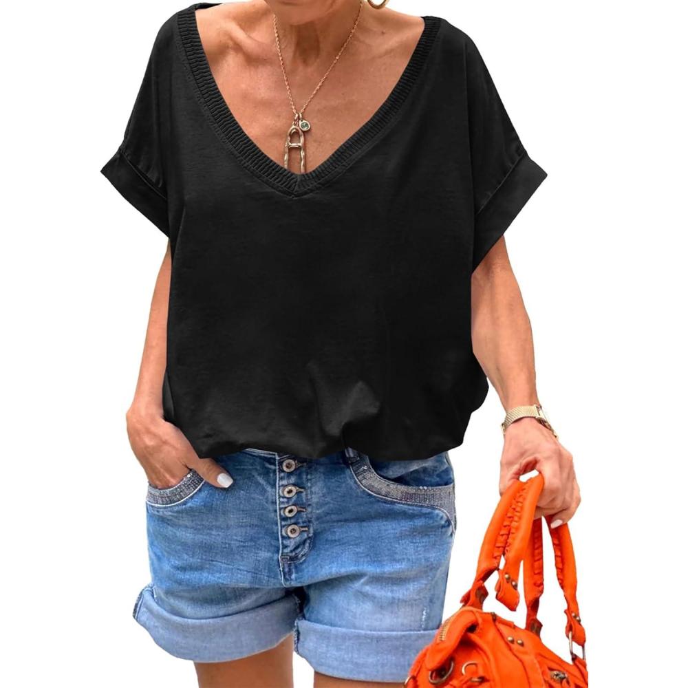 imageTankaneo Womens Deep V Neck TShirts Oversized Casual Summer Loose Fit Short Sleeve TopsBlack