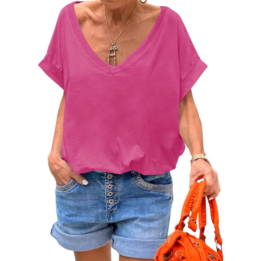 imageTankaneo Womens Deep V Neck TShirts Oversized Casual Summer Loose Fit Short Sleeve TopsHot Pink