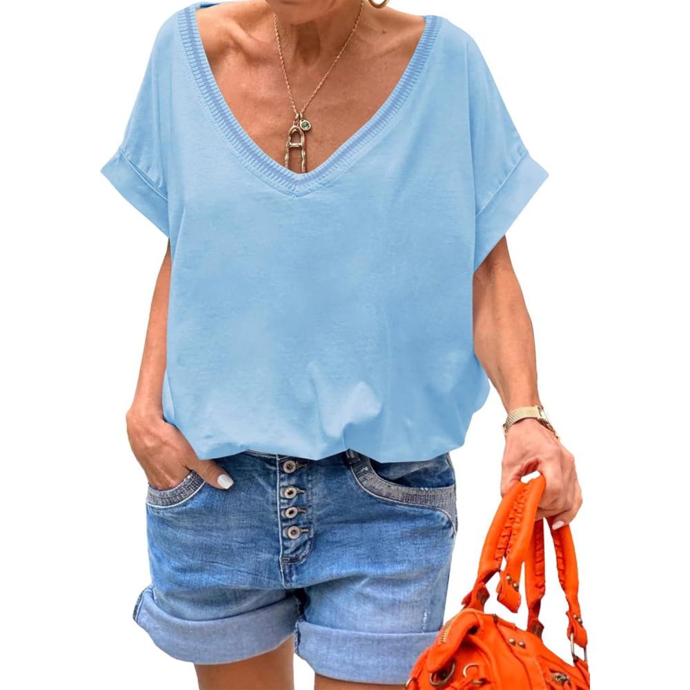imageTankaneo Womens Deep V Neck TShirts Oversized Casual Summer Loose Fit Short Sleeve TopsSky Blue