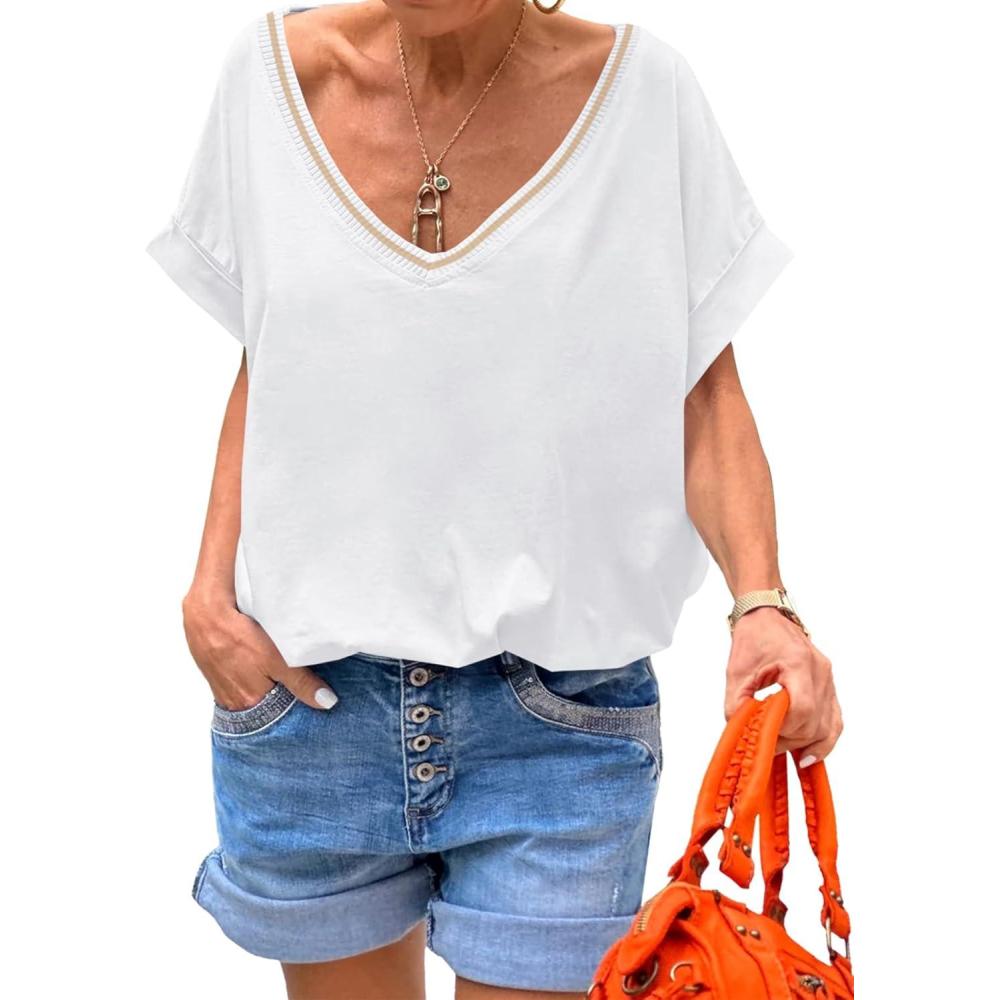 imageTankaneo Womens Deep V Neck TShirts Oversized Casual Summer Loose Fit Short Sleeve TopsWhite