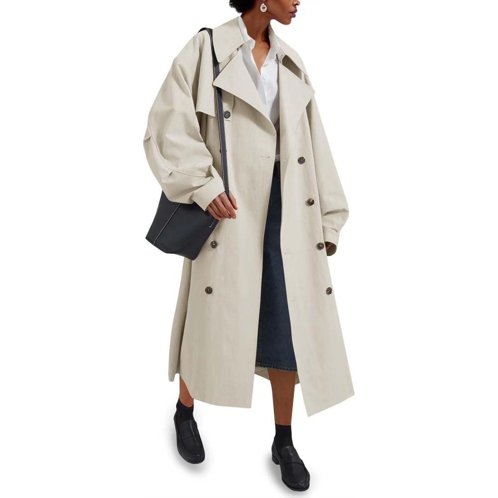 imageTankaneo Womens Double Breasted Long Trench Coat Oversized Classic Lapel Belted OvercoatApricot
