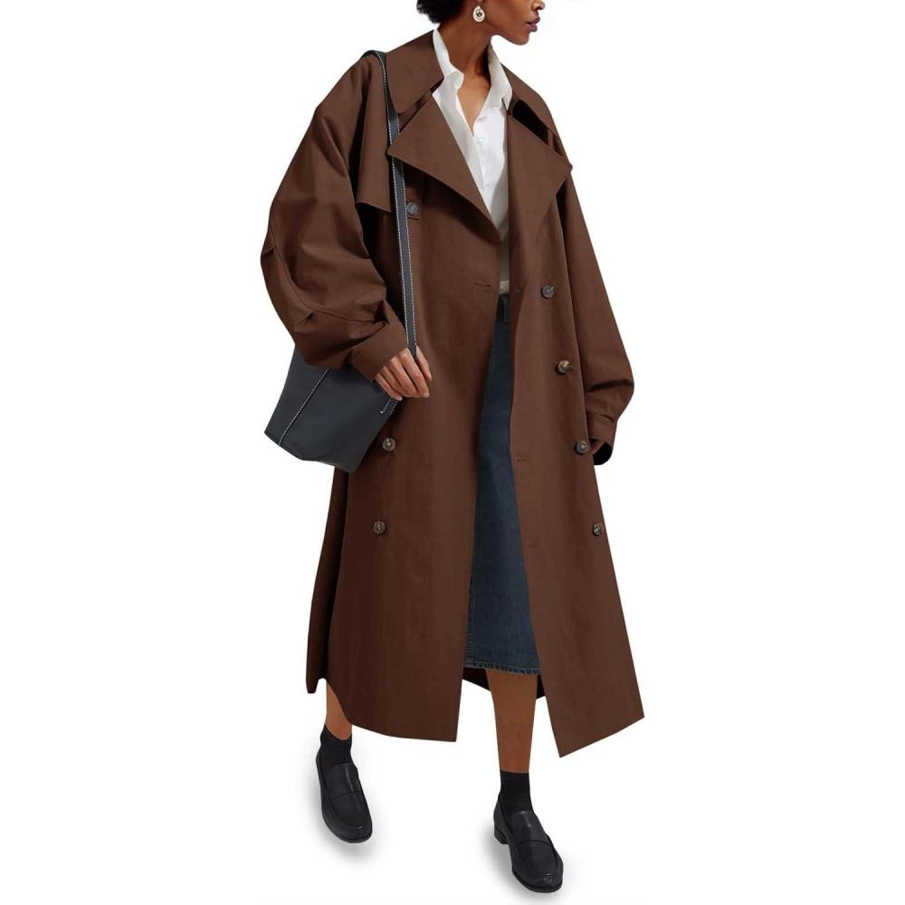 imageTankaneo Womens Double Breasted Long Trench Coat Oversized Classic Lapel Belted OvercoatCoffee