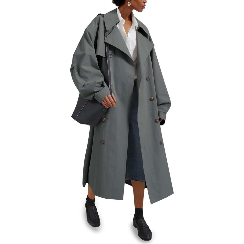 imageTankaneo Womens Double Breasted Long Trench Coat Oversized Classic Lapel Belted OvercoatGrey