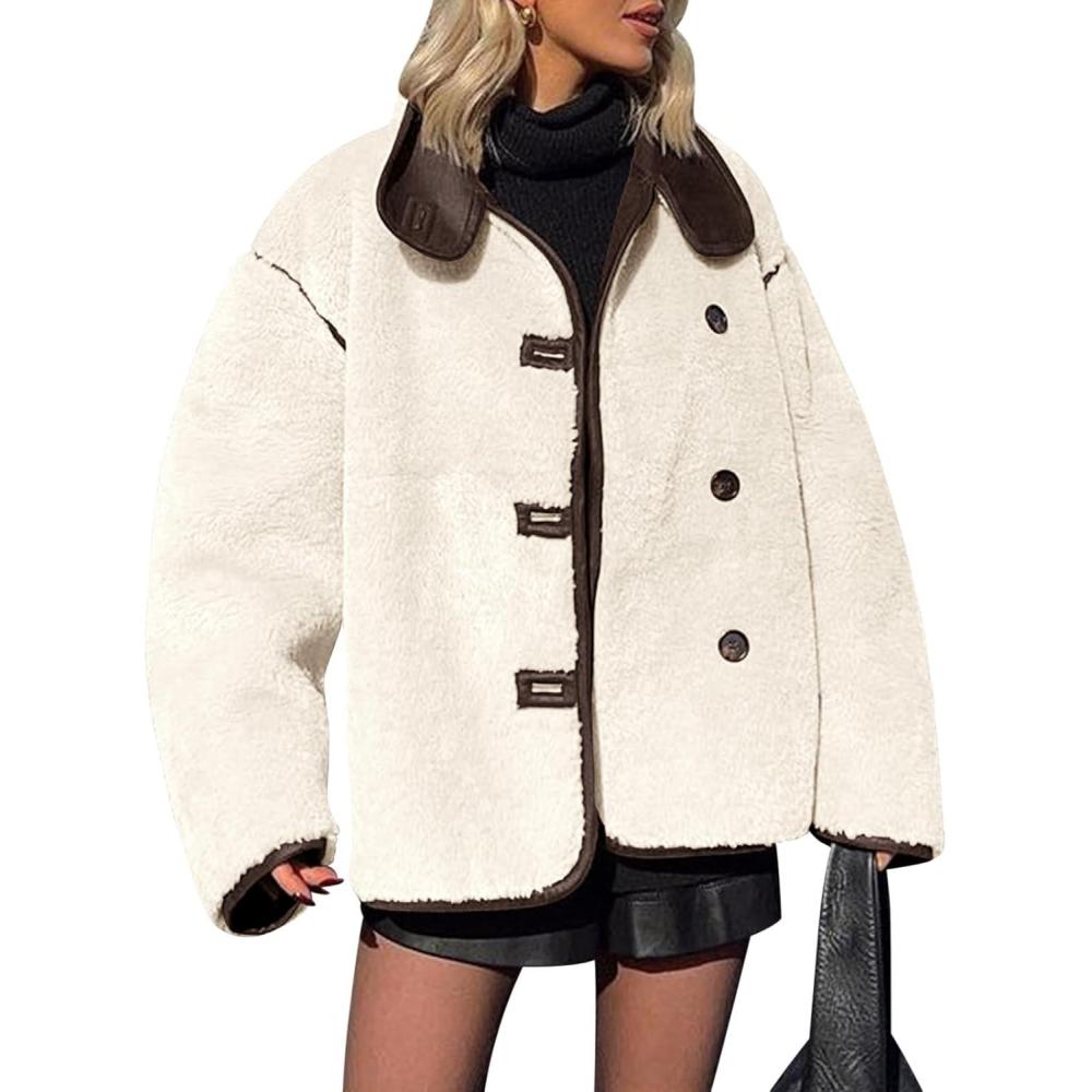imageTankaneo Womens Faux Fur Jackets Warm Winter Casual Button Down Stand Collar Long Sleeve Shaggy Outwear CoatsBeige