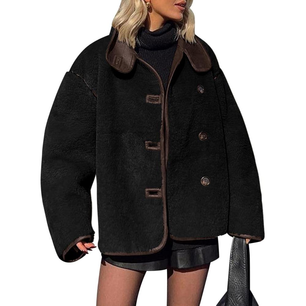 imageTankaneo Womens Faux Fur Jackets Warm Winter Casual Button Down Stand Collar Long Sleeve Shaggy Outwear CoatsBlack