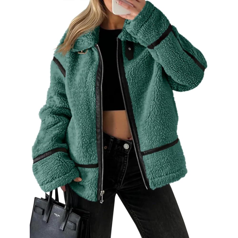 imageTankaneo Womens Faux Fur Jackets Winter Trendy Sherpa Moto Leather Patchwork Zip Up CoatArmy Green