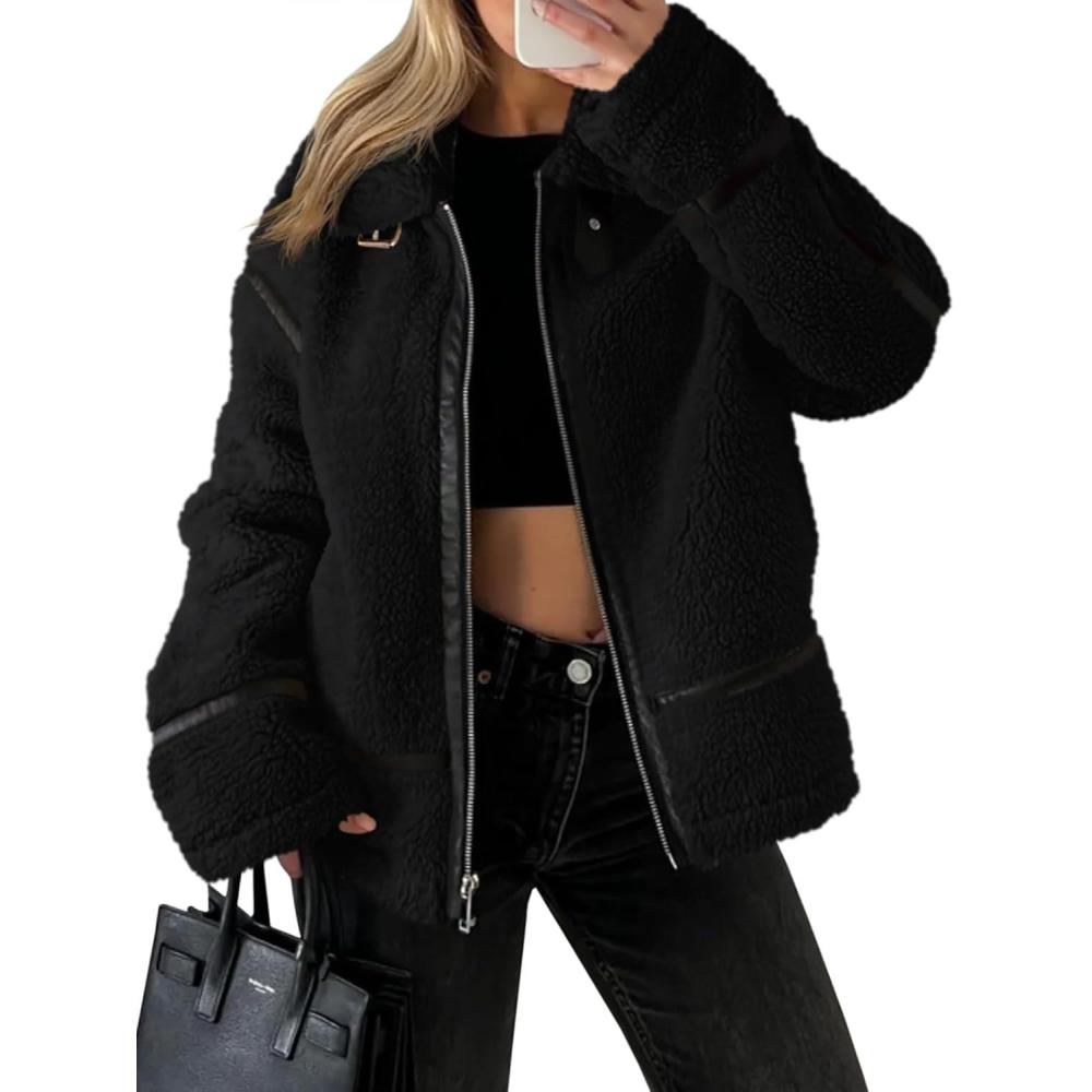 imageTankaneo Womens Faux Fur Jackets Winter Trendy Sherpa Moto Leather Patchwork Zip Up CoatBlack