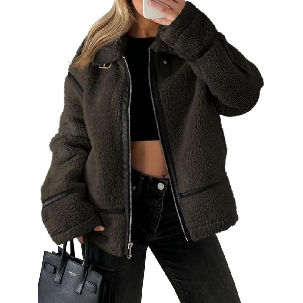 imageTankaneo Womens Faux Fur Jackets Winter Trendy Sherpa Moto Leather Patchwork Zip Up CoatBrown