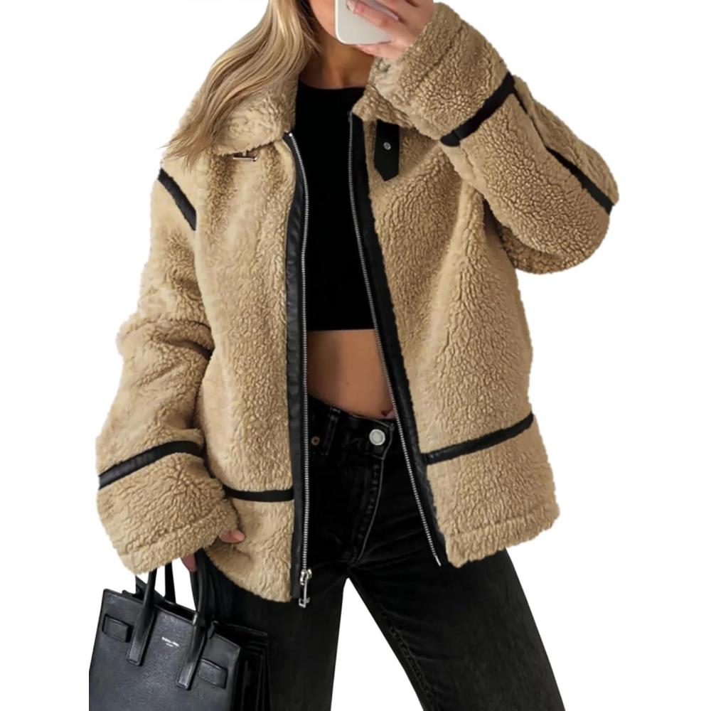 imageTankaneo Womens Faux Fur Jackets Winter Trendy Sherpa Moto Leather Patchwork Zip Up CoatKhaki