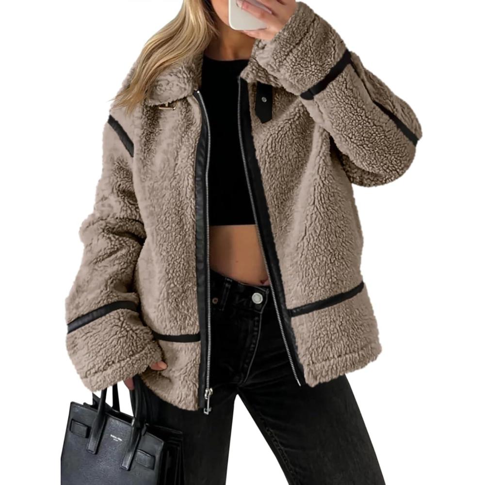 imageTankaneo Womens Faux Fur Jackets Winter Trendy Sherpa Moto Leather Patchwork Zip Up CoatLight Brown