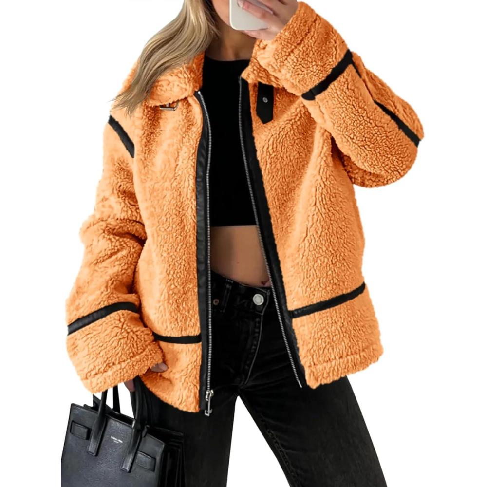 imageTankaneo Womens Faux Fur Jackets Winter Trendy Sherpa Moto Leather Patchwork Zip Up CoatOrange