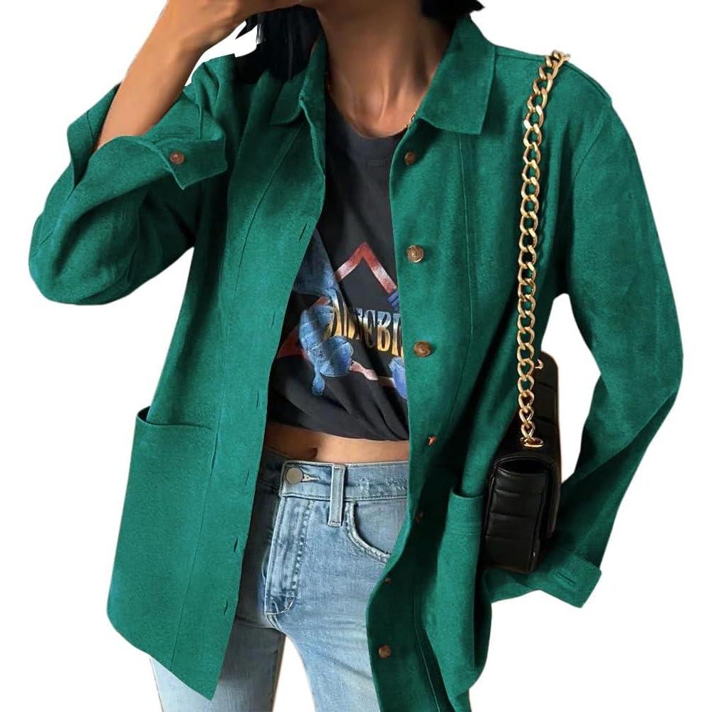 imageTankaneo Womens Faux Suede Jackets Button Down Long Sleeve Shackets Coat Trendy 2025 Spring ClothesGreen