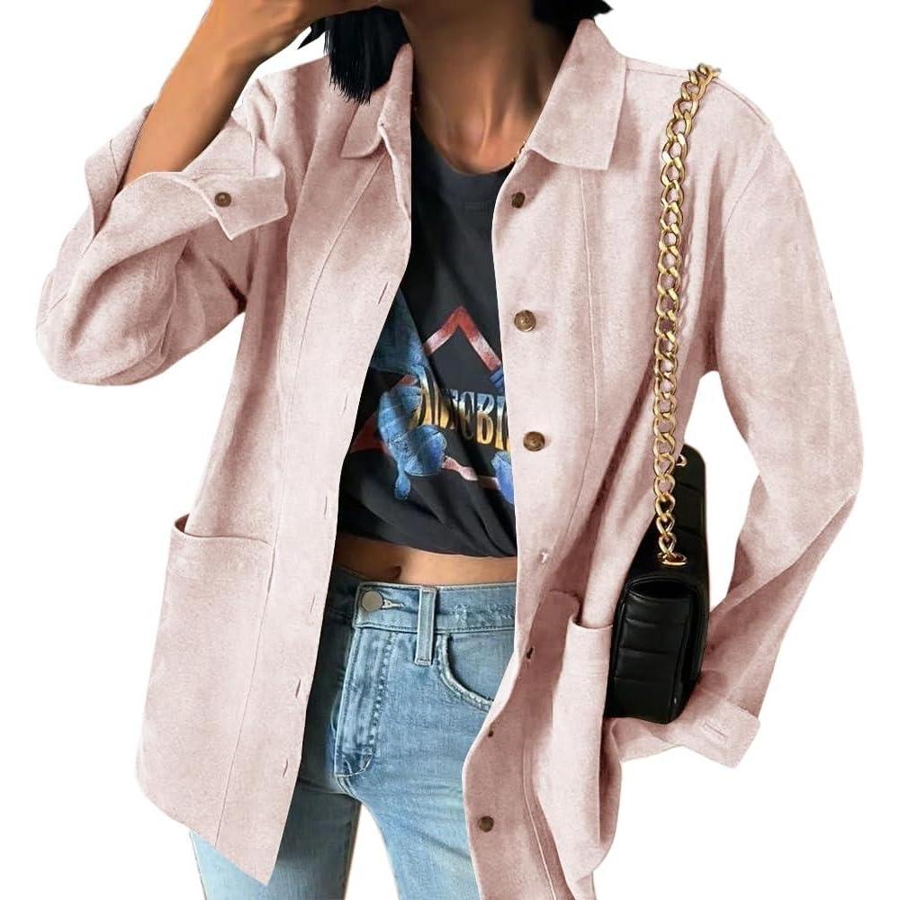 imageTankaneo Womens Faux Suede Jackets Button Down Long Sleeve Shackets Coat Trendy 2025 Spring ClothesLight Pink