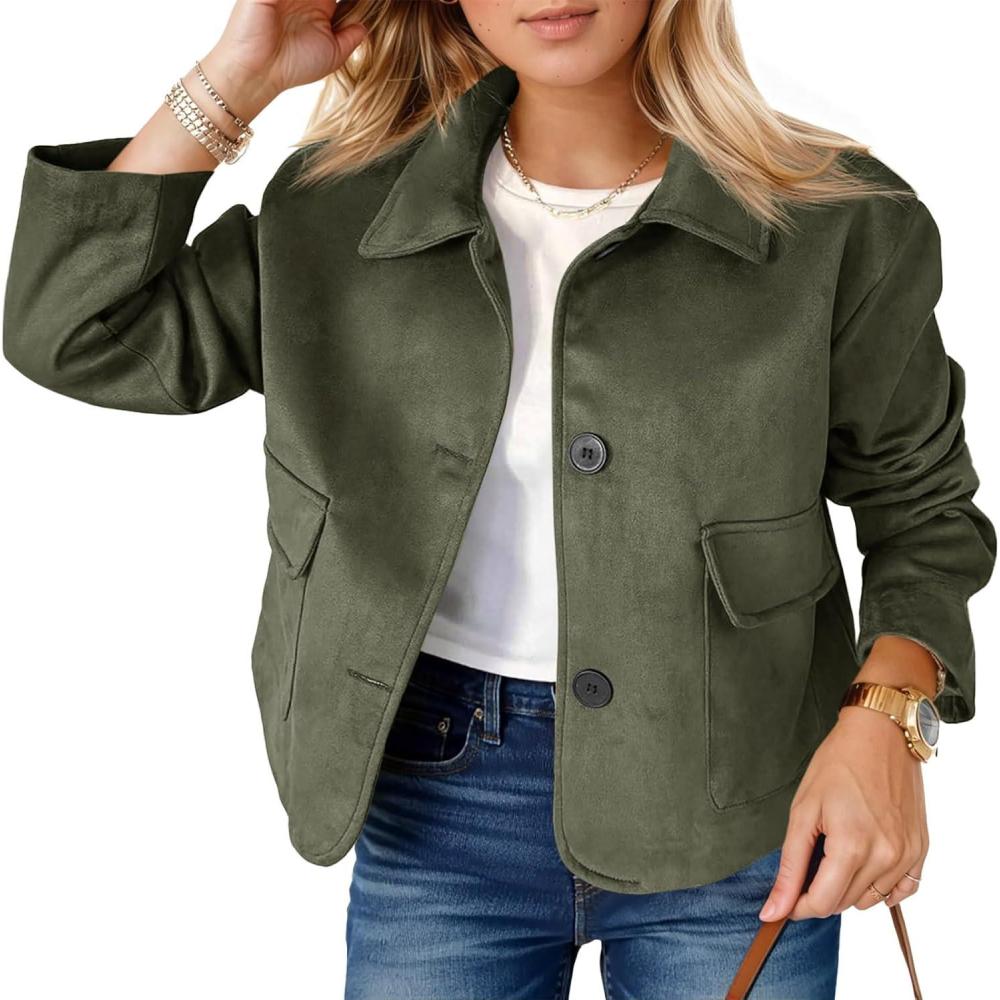imageTankaneo Womens Faux Suede Leather Jackets Casual Cropped Coats Vintage Button Down ShacketsArmy Green